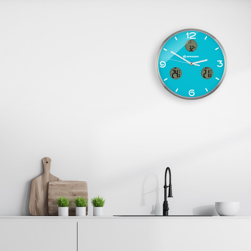 Часы настенные Bresser (Брессер) MyTime io NX Thermo/Hygro, 30 см, голубые